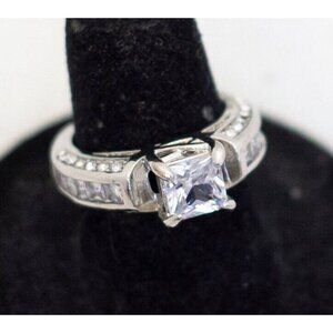 Size 5 1/2, Vintage Silver Tone Art Deco Colorless Faux Diamond Ring - A23